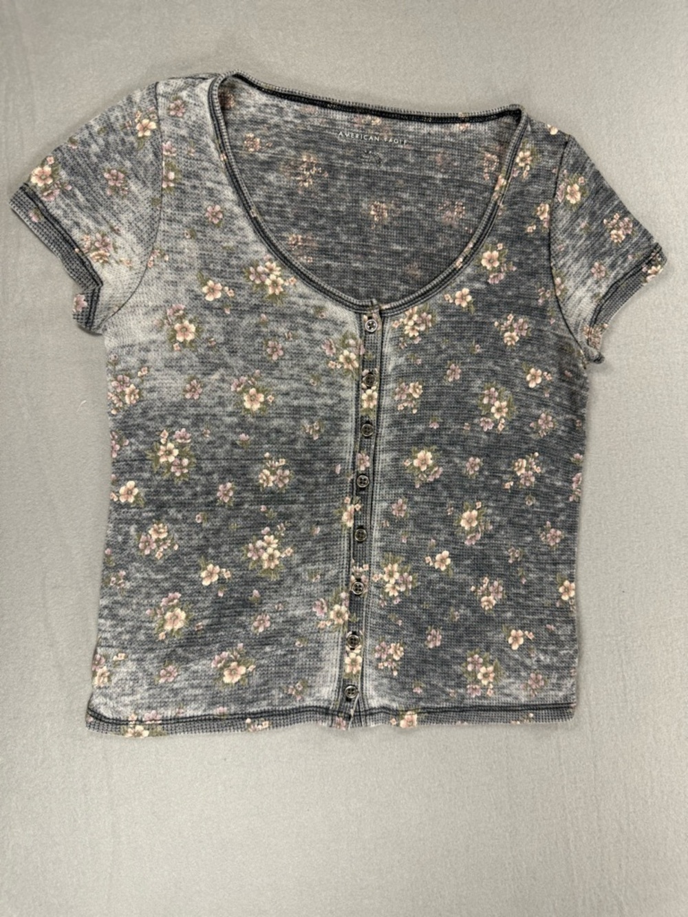 American Eagle Outfitters Dark Gray Cropped Henley Waffle Knit Top